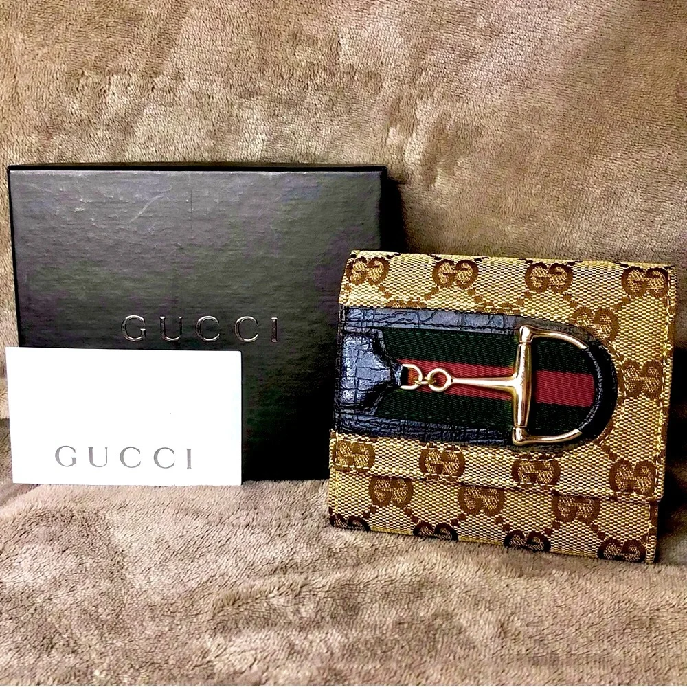 GUCCI GG Sherry Line Horsebit Trifold Canvas Leather Wallet and GUCCI BOX Mint